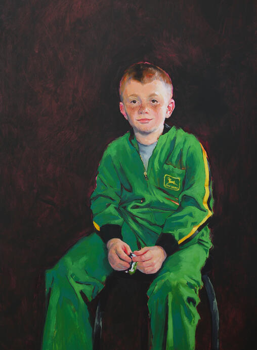 Elliot [in my old overalls], oil on canvas, 2025
